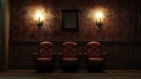 Quiet red armchairs wait under warm lights in a rich hallway