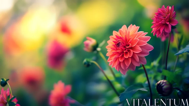 Soft-focus dahlia garden with vibrant coral and magenta blooms.