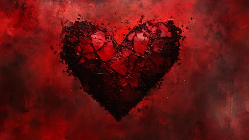 Fragmented Heart Shape Against Red Atmospheric Field.