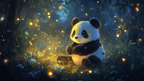 Panda sits in glowing forest clearing surrounded by fireflies