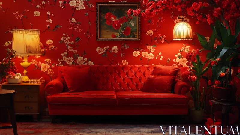 Red velvet sofa in floral wallpapered living room interior.