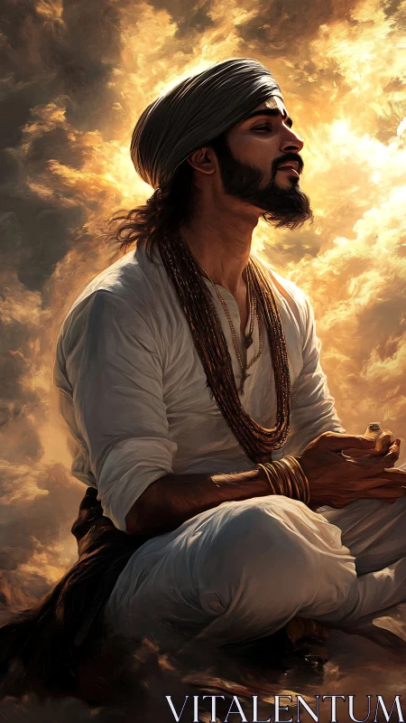 Mystic yogi in radiant clouds during deep meditation.