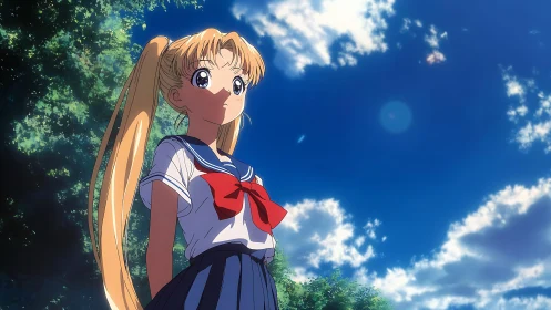 Sunlit schoolgirl under vivid summer anime sky.