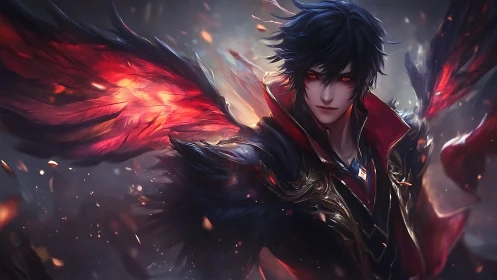 Dark winged sorcerer with burning crimson feathers poised.