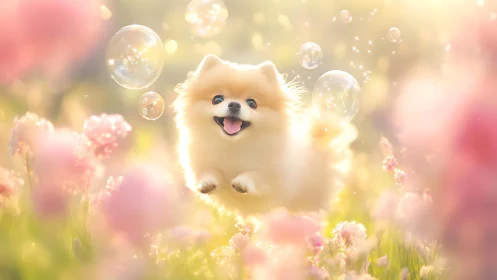 Fluffy Pomeranian runs through soft-focus flowers and bubbles