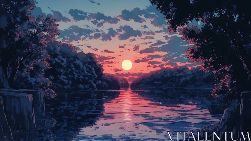 Anime twilight lakeside with central sunset reflection composition.