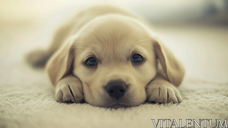 Cream colored puppy lying on soft carpet in indoor light.
