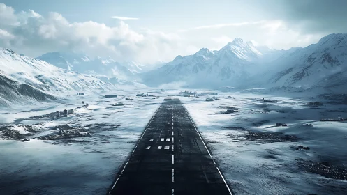 Snowbound military airstrip in glacial alpine valley panorama
