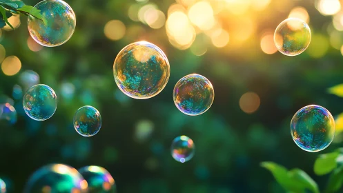 Soap bubbles drift through sunlit garden bokeh glow