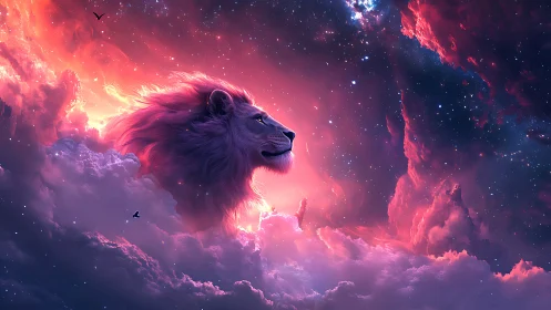 Celestial lion rising through nebula clouds at cosmic dawn.
