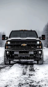 Black Chevrolet pickup truck powers through snowy forest road