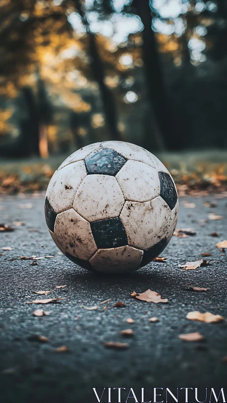 Photorealistic soccer ball on autumn pavement with bokeh depth.