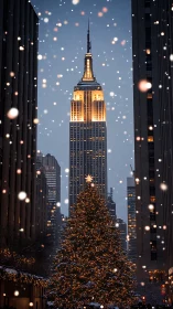 Empire State Building framed by festive lit Christmas tree.
