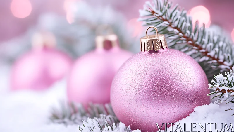 Glittered pink baubles rest in snow with shallow depth of field