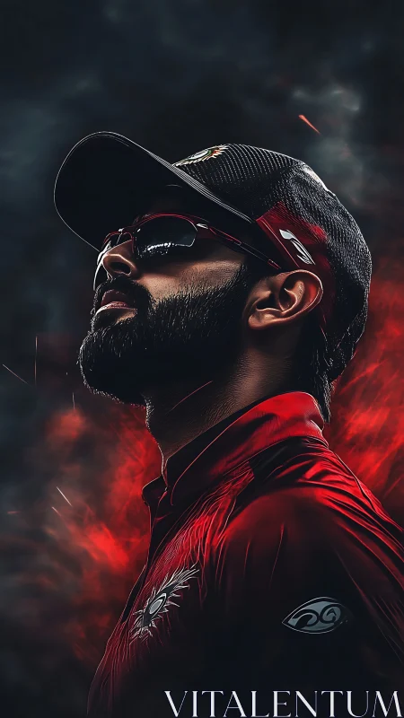 Cricket athlete in red kit rendered with dramatic rim lighting