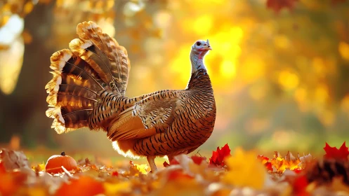 Wild turkey standing amid autumn leaves and pumpkin.