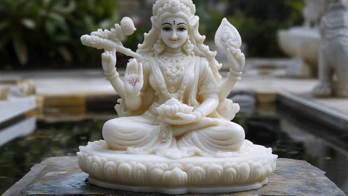 Serene ivory goddess statue beside reflective garden pool.