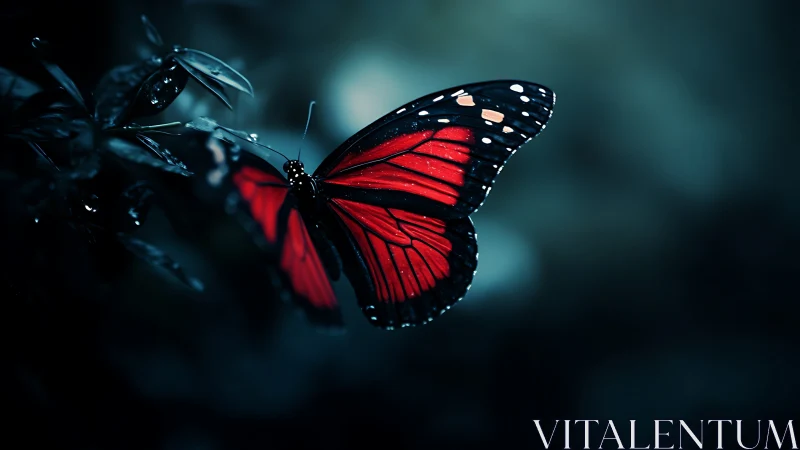 Macro red butterfly on leaf in low key cyan bokeh forest
