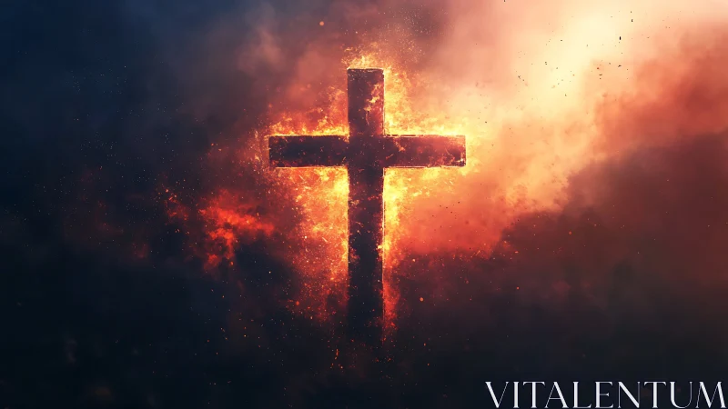 Fiery cross blazes against storm-dark sky of embers and ash.