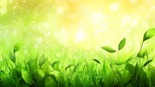 Digital illustration shows grass blades and leaves under diffuse light