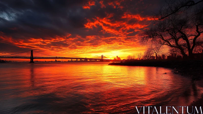 Firelit river sunset beneath a quiet city bridge glow.