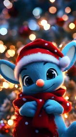 Blue holiday critter tucks into twinkling Christmas warmth