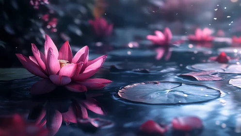 Pink lotus glows over dusk pond with reflective ripples.