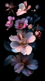 Luminous Botanical Study: Dark Background Floral Arrangement.
