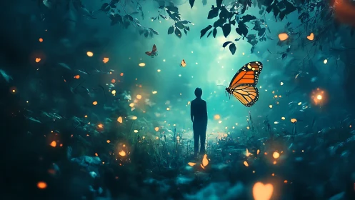 Child in luminous forest with glowing monarch butterflies.