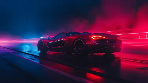 Neon red supercar slicing through electric midnight streets.