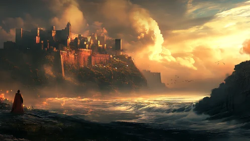 Coastal fortress complex overlooks turbulent illuminated sea