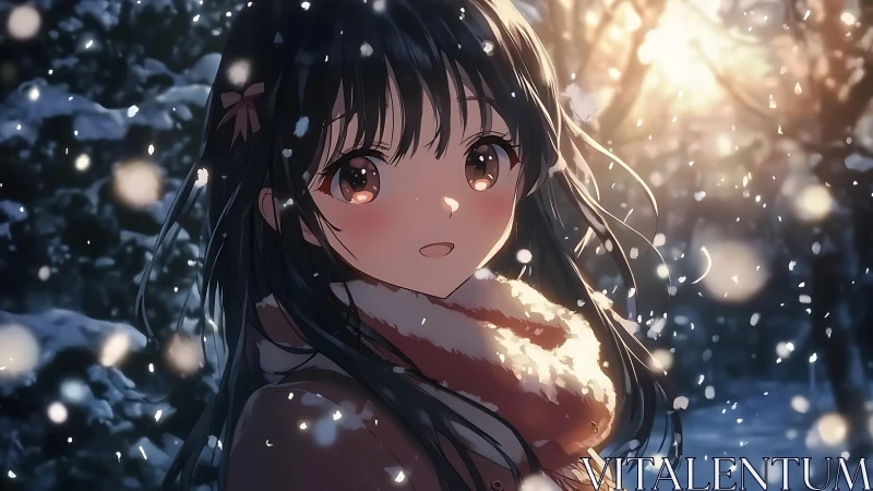 Snowlit anime girl in scarf under glowing winter sunset.