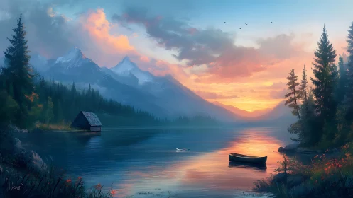 Mountain lake sunset shows boats, forest edge, and cabin