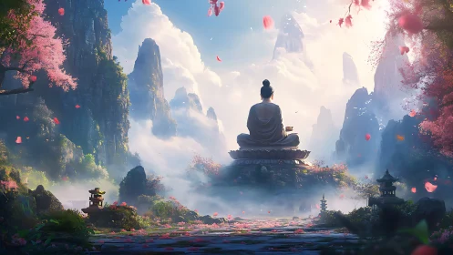 Petals swirl while a lone sage listens to the mountain hush