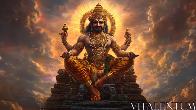 Radiant golden deity sits in calm power above glowing clouds