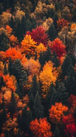 Dense conifer and deciduous forest canopy in peak autumn color
