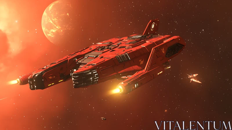 Red spacecraft in orange nebula with secondary small vessels.