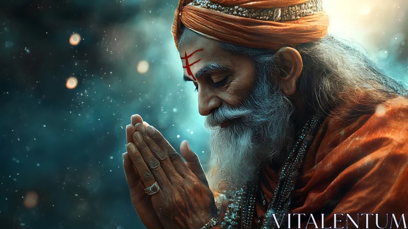 Elderly man in orange robes with folded hands in profile.