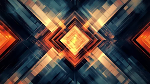 Geometric abstract art with glowing orange and blue diamond patterns.
