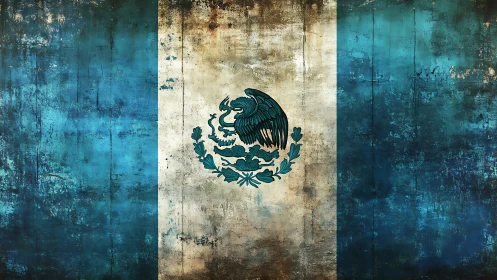 Weathered Mexican flag emblem on textured grunge backdrop.
