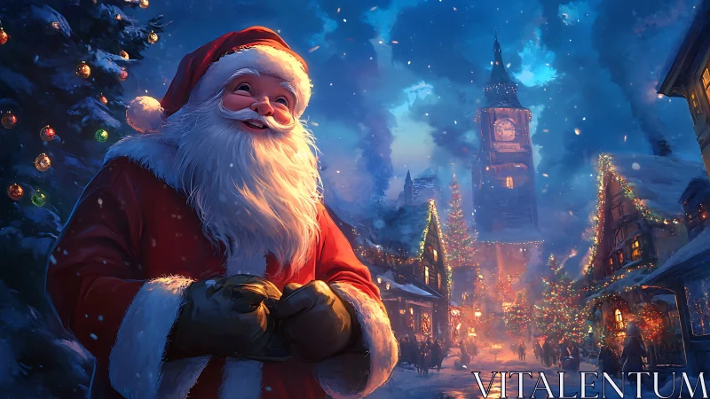 Santa in luminous snowy village under festive night sky.