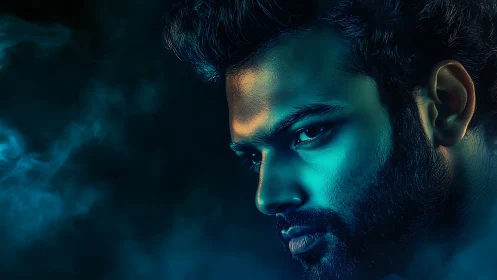 Midnight gaze in teal smoke, a cinematic brooding portrait.
