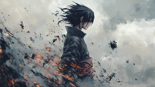 Solitary anime warrior dissolves into storm and embers.