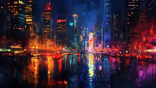 Neon-soaked night cityscape with vivid reflections on street.