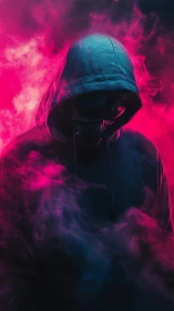 Hooded figure in neon smoke with cyberpunk gas mask.
