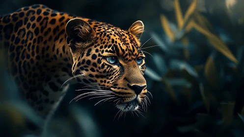 Leopard with bright blue eyes wandering through soft jungle shadows.
