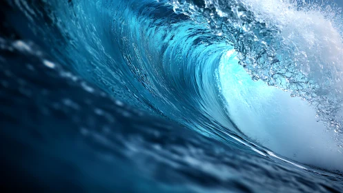 Majestic ocean wave curls in a luminous blue tunnel