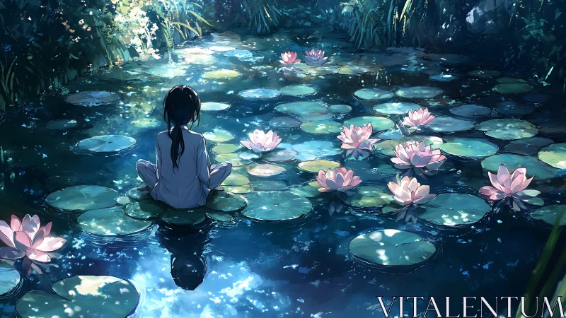Solitary figure meditates on moonlit lotus pond of silence