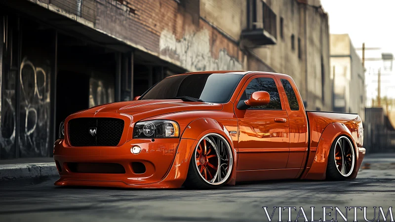 Ultra-low slammed orange pickup with widebody aero kit stance.