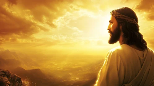 Profile view of robed man against luminous mountain sunset.